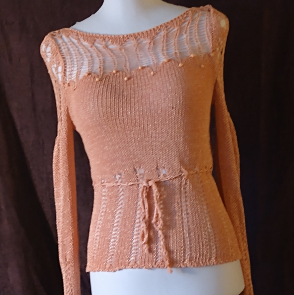 Peach coral silk? Knit macrame sweater sz small